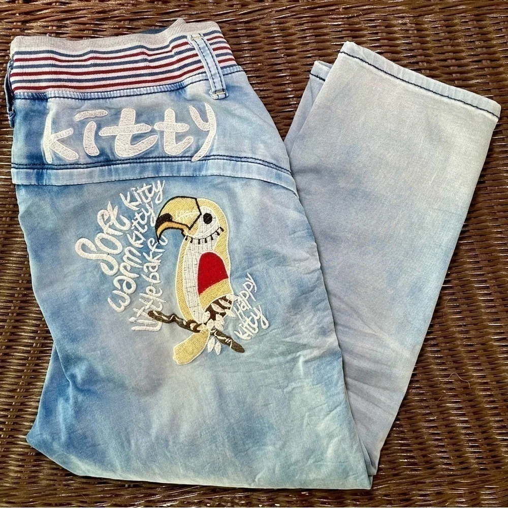 TwenySix Drawstring & Elastic Waist Jeans Embroidered Soft Kitty Large Size 10